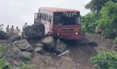 ब्रेक फैल होने के बाद अनियंत्रित बस खाई के किनारे पर लटकी: मची चीखपुकार
