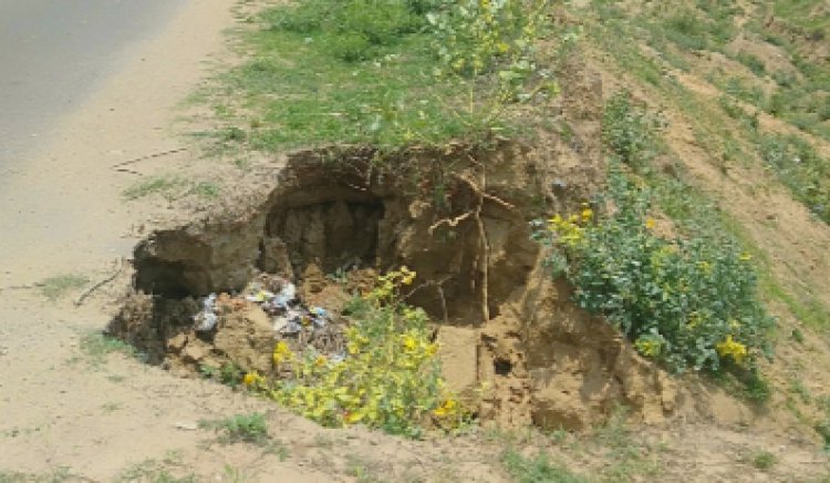 बाघोली-पापडा सड़क किनारे पानी के बहाव से बना गहरा गड्ढा: कभी भी हो सकता है बड़ा हादसा