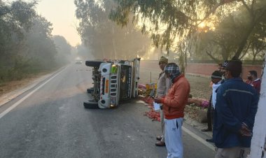 बीएसएफ कैंप के पास पलटी सब्जी से भरी गाड़ी: बड़ा हादसा टला