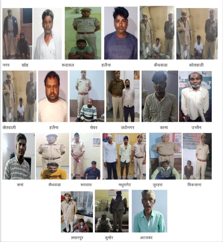 भरतपुर जिले में अवैध शराब के विरूद्ध बडी कार्यवाही में 24 आरोपियों को गिरफ्तार कर 1427 अवैध देशी पव्वा व 54 लीटर कच्ची शराब की जब्त
