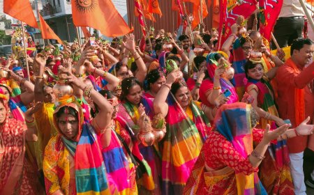 अलवर में हो रही हनुमान कथा को लेकर भिवाड़ी में आज निकली कलश यात्रा महिलाओं ने लिया बढ़-चढ़कर भाग