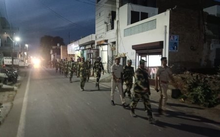 विधानसभा चुनावों  को लेकर बीएसएफ एवं पुलिस प्रशासन के द्वारा शहर व ग्रामीण इलाकों में निकाला फ्लैग मार्च