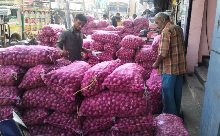 खैरथल अस्थाई प्याज मंडी के शुभारंभ के दिन ही प्याज की बंपर आवक:पांच हजार कट्टे प्याज आया बिकने