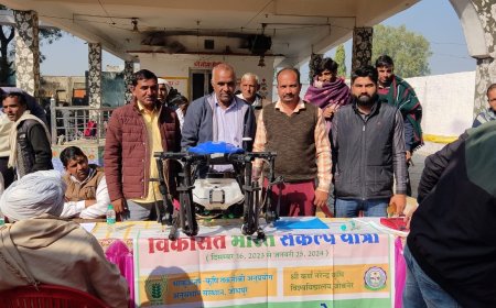 विकसित भारत संकल्प यात्रा के दौरान ड्रोन प्रदर्शन बन रहा आकर्षण का केंद्र नेनो यूरिया छिड़काव का प्रदर्शन कर किसानों को बताया जा रहा महत्व