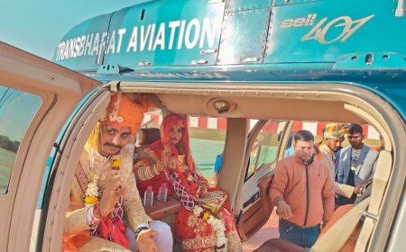 हेलीकॉप्टर से दुल्हन लेकर कुचामन पहुंच दूल्हा:हेलीकॉप्टर को देखने के लिए उमडा पूरा गांव