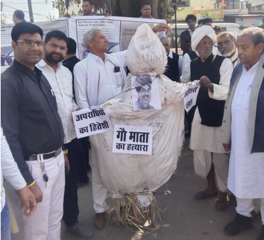 किशनगढ़ बास में कांग्रेस कार्यकर्ताओं का प्रदर्शन:  सीएम भजनलाल और पूर्व विधायक रामहेत यादव का पुतला फूंका, गोकशी के मामले में निष्पक्ष जांच की मांग