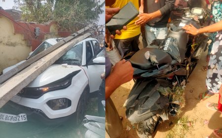 अलवर मे कार मोटरसाइकिल से टक्कराकर बिजली पोल से टकराईं, बाल बाल बचे मोटरसाइकिल व कार चालक