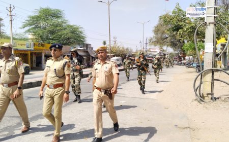 लोकसभा चुनाव को ध्यान में रखते हुए पुलिस व बीएसएफ के जवानों ने उदयपुरवाटी मे निकाला फ्लैग मार्च