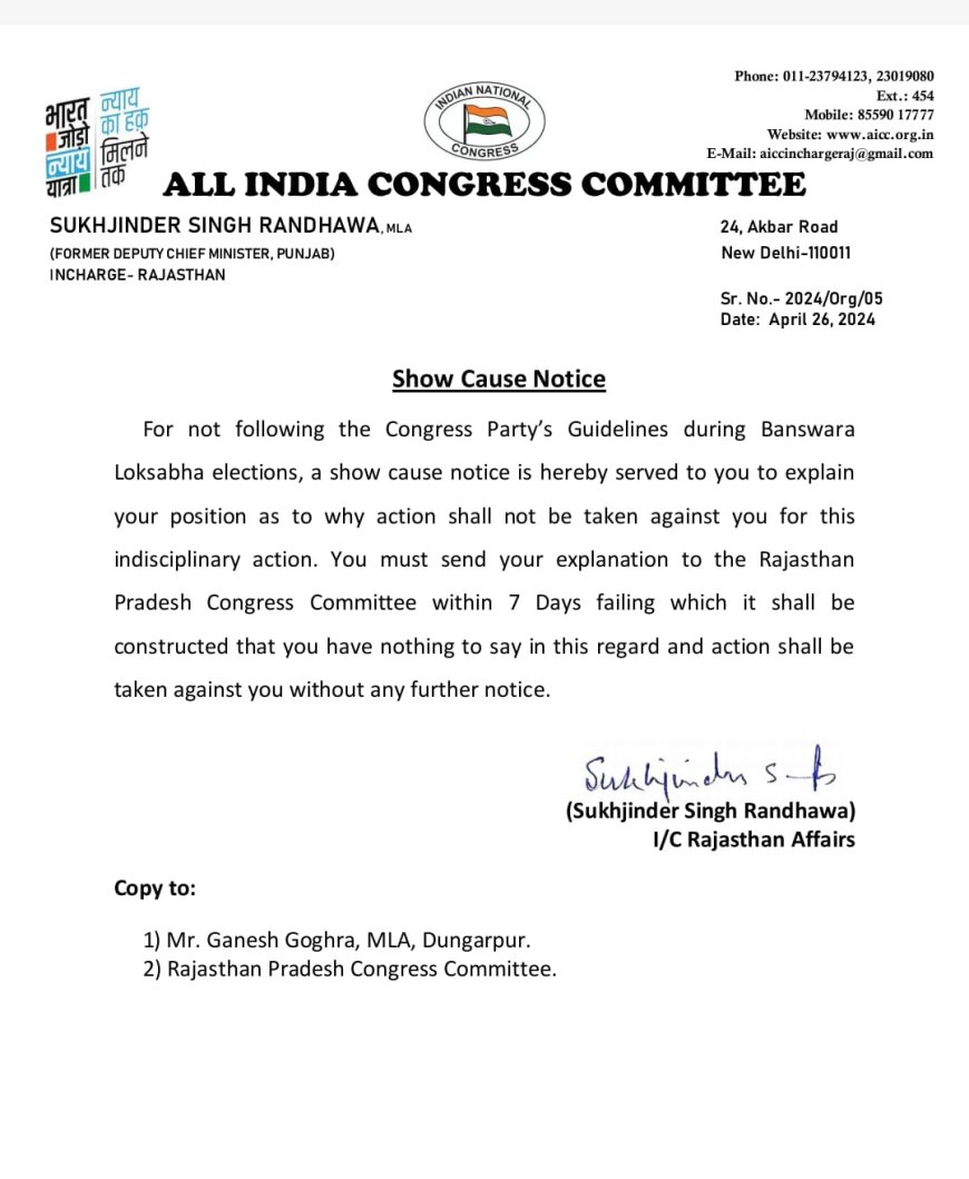 कांग्रेस विधायक गणेश घोगरा को पार्टी से नोटिस, 7 दिनों में मांगा जवाब