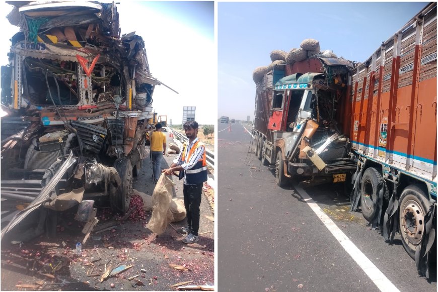 दिल्ली-मुम्बई एक्सप्रेस वे पर हुआ सडक हादसा: प्याज से भरे ट्रक ने मारी खड़े ट्रक में टक्कर
