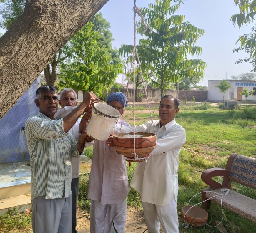 बड़ागांव मोक्ष धाम में बेजुबान पक्षियों के लिए लगाए परिंडे