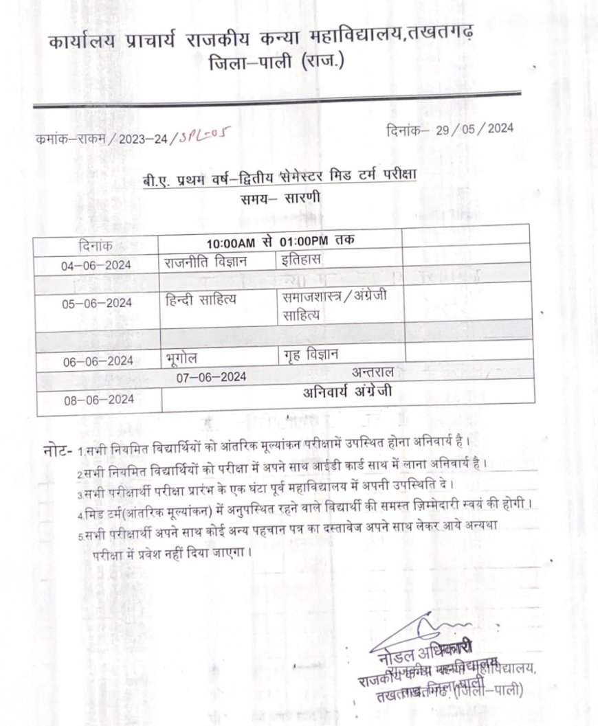 राजकीय कन्या महाविद्यालय तख़तगढ़ में बीए प्रथम वर्ष के द्वितीय सेमेस्टर की मिड टर्म की परीक्षा चार  जून से प्रारंभ होगी