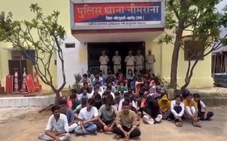 नीमराना में स्थित अनंतराज हाउसिंग सोसायटी में  65 युवक युवतियों को किया गिरफ्तार