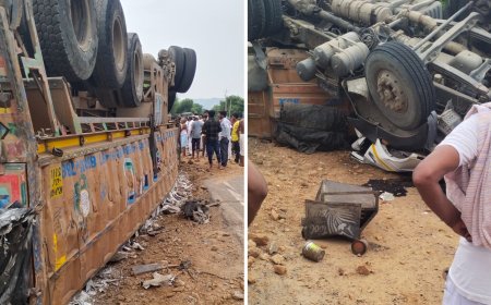 अनियंत्रित होकर पलटा मार्बल से भरा 20 चक्का ट्रक