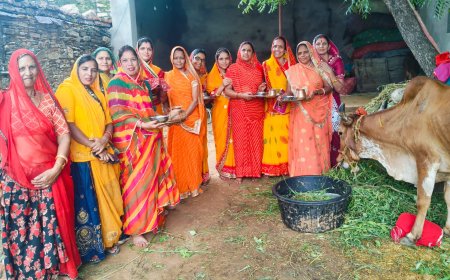 गाय व बछड़े की पूजा कर पुत्र की दीर्घायु खुशहाली की कामना, महिलाओं ने मनाया बछ बारस का पर्व