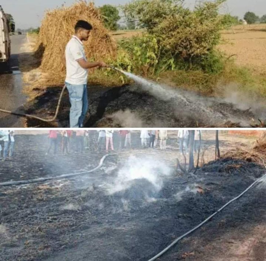 सड़क के किनारे रखी कड़बी में अज्ञात कारणों के चलते लगी आग, जलकर पूरी तरह से बर्बाद