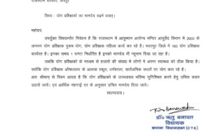 विधायक ऋतु बनावत ने मुख्यमंत्री को योग प्रशिक्षकों के मानदेय बढ़ाने के लिए लिखा पत्र