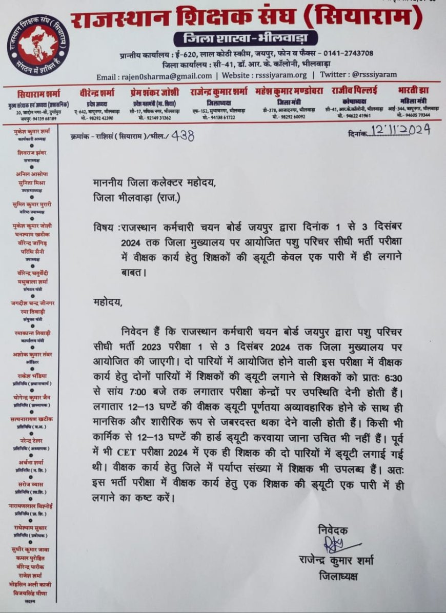 पशु परिचर परीक्षा में एक पारी में ही लगाई जाए ड्यूटी,  शिक्षक संघ (सियाराम) ने दिया जिला कलेक्टर को ज्ञापन