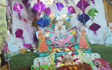 सांवलिया सेठ ने पहनी पतंग की पोशाक, दुग्धाभिषेक व हनुमान चालीसा का हुआ पाठ  - भक्तों ने गाए भजन, भोग के बाद बांटे तिल के लड्डू