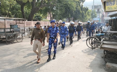 पुलिस व रेपिड एक्शन फोर्स ने जहाजपुर मे किया फ्लैग मार्च