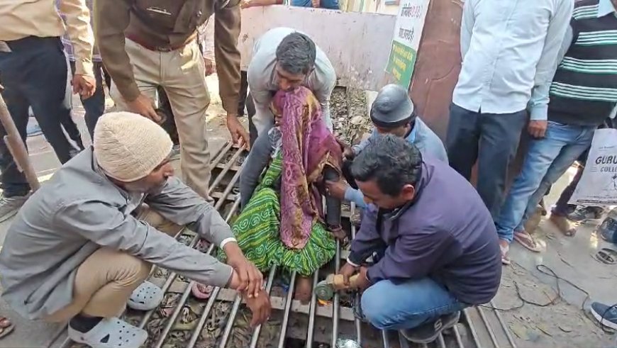 अस्पताल के मुख्य द्वार पर बने काउ केचर के जाल में फंसा पैर, कटर से सरिए काट बमुश्किल निकाला बाहर