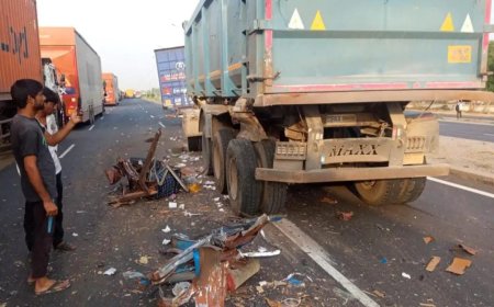 हाईवे पर कंटेनर रोड किनारे खड़े डंपर से टकराया