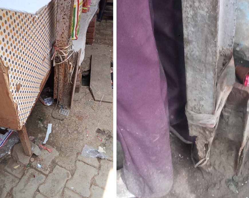 कस्बे में कभी भी हो सकता है, बड़ा हादसा मेंन बाजार में तीन विद्युत लोहे के खंबे क्षतिग्रस्त