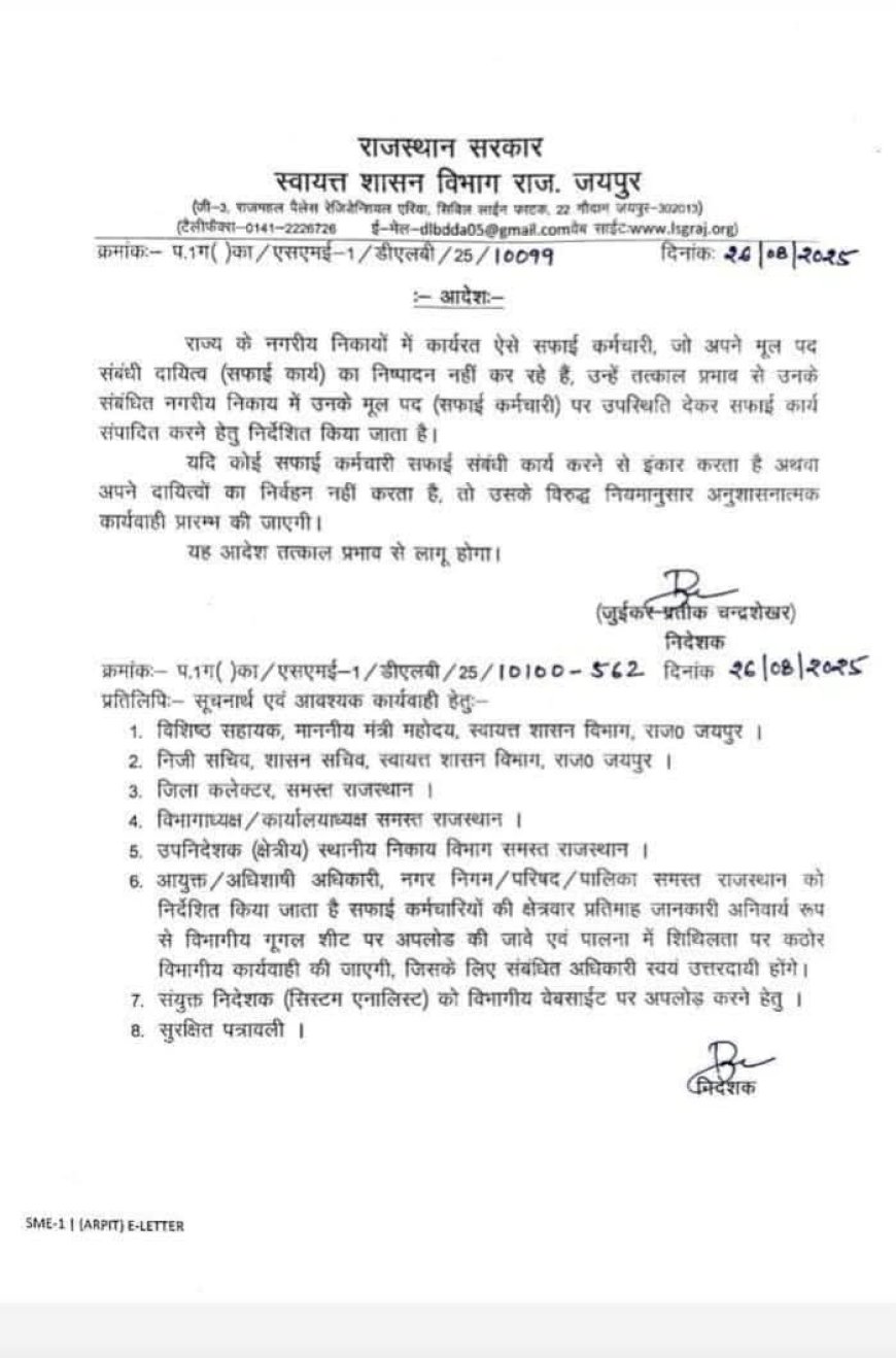 राजस्थान के नगरीय निकायों में सफाई कर्मचारियों के लिए आदेश: लापरवाही पर होगी सख्त कार्रवाई