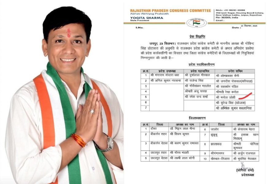राजस्थान प्रदेश कांग्रेस कमेटी के प्रदेश सचिव बने मनोज जोशी