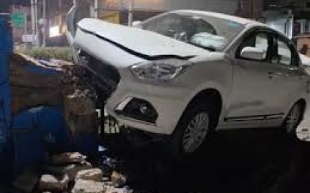 अलवर में तेज रफ्तार कार सर्किल पर चढ़ी, पिलर उखड़ा: एयरबैग खुलने से बची जान