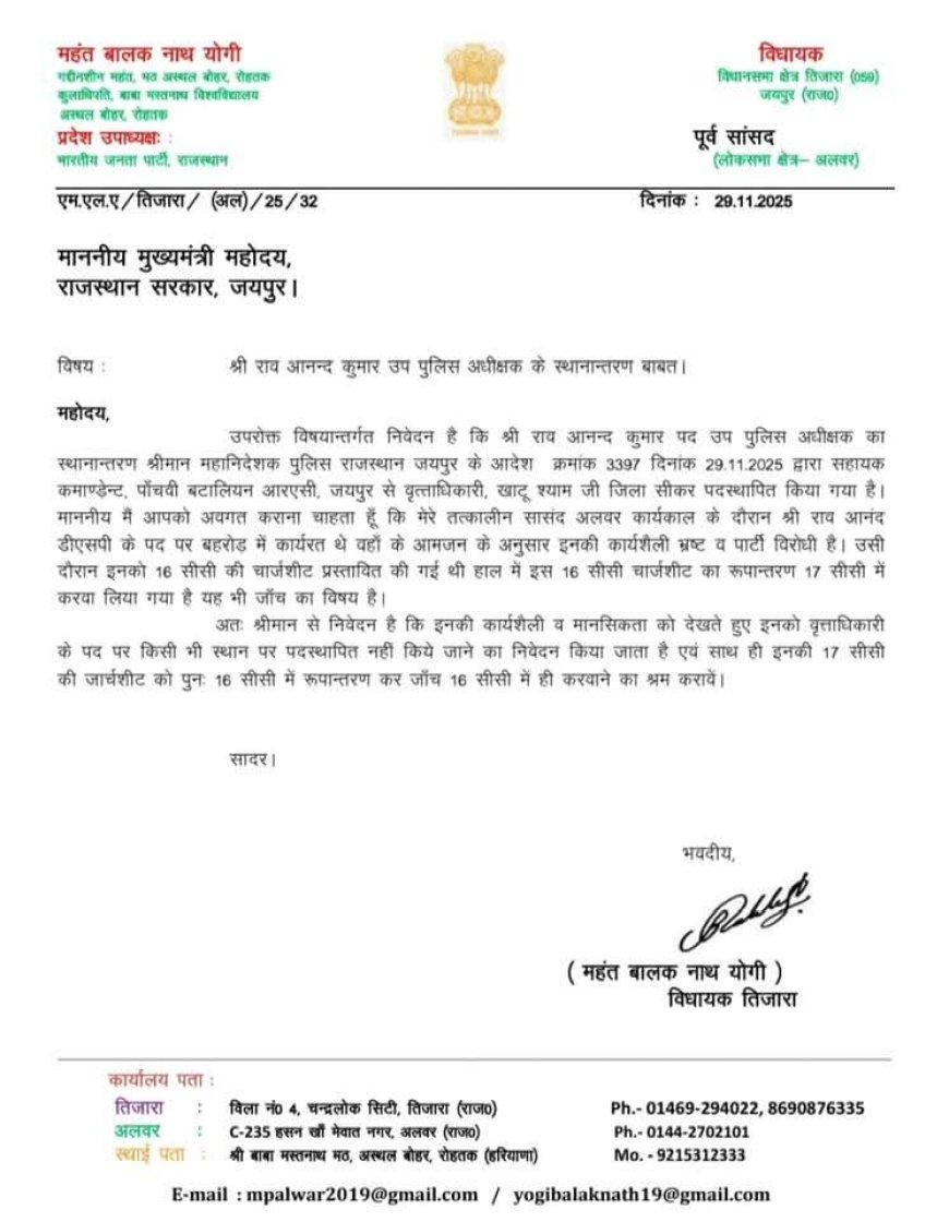 RPS आनंद राव को खाटू श्याम DSP नहीं लगाने व चार्जशीट बदलवाने को लेकर विधायक महंत बालकनाथ योगी ने मुख्यमंत्री को भेजा पत्र