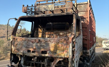 खडे हुए खाली ट्रक में आग लगने से केबिन सहित अन्य सामान खाक