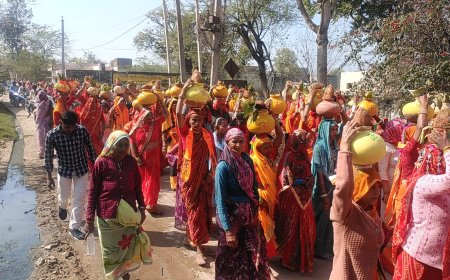 अलावड़ा में हुए हिंदू सम्मलेन से पूर्व डीजे की धुन पर निकाली गई कलश शोभायात्रा