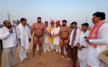 गृह राज्य मंत्री बेढम ने डीग जिले के बृज नगर कस्बे के श्री राम रथ यात्रा मेले में विराट कुश्ती दंगल का किया उद्घाटन