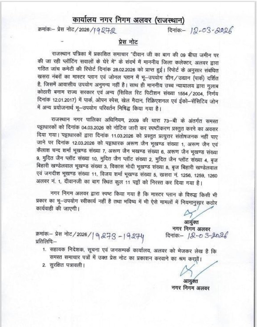 अलवर: 'दीवान जी का बाग' में अवैध प्लॉटिंग पर बड़ा एक्शन; नगर निगम ने निरस्त किए 11 पट्टे