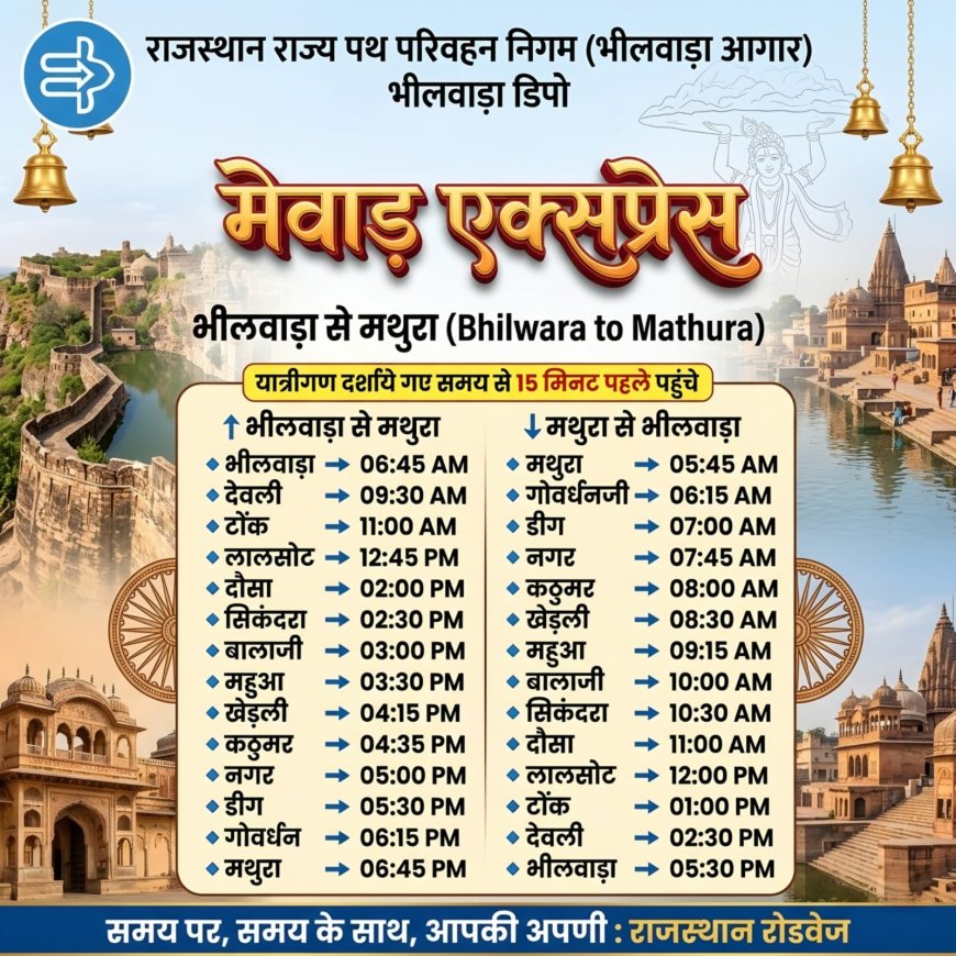 भीलवाड़ा डिपो की नई ‘मेवाड़ एक्सप्रेस’ बस सेवा शुरू, यात्रियों को मिलेगी बेहतर सुविधा; कस्बा खेडली सांय 4:15 बजे , कठूमर सांय 4:35 बजे आयेगी