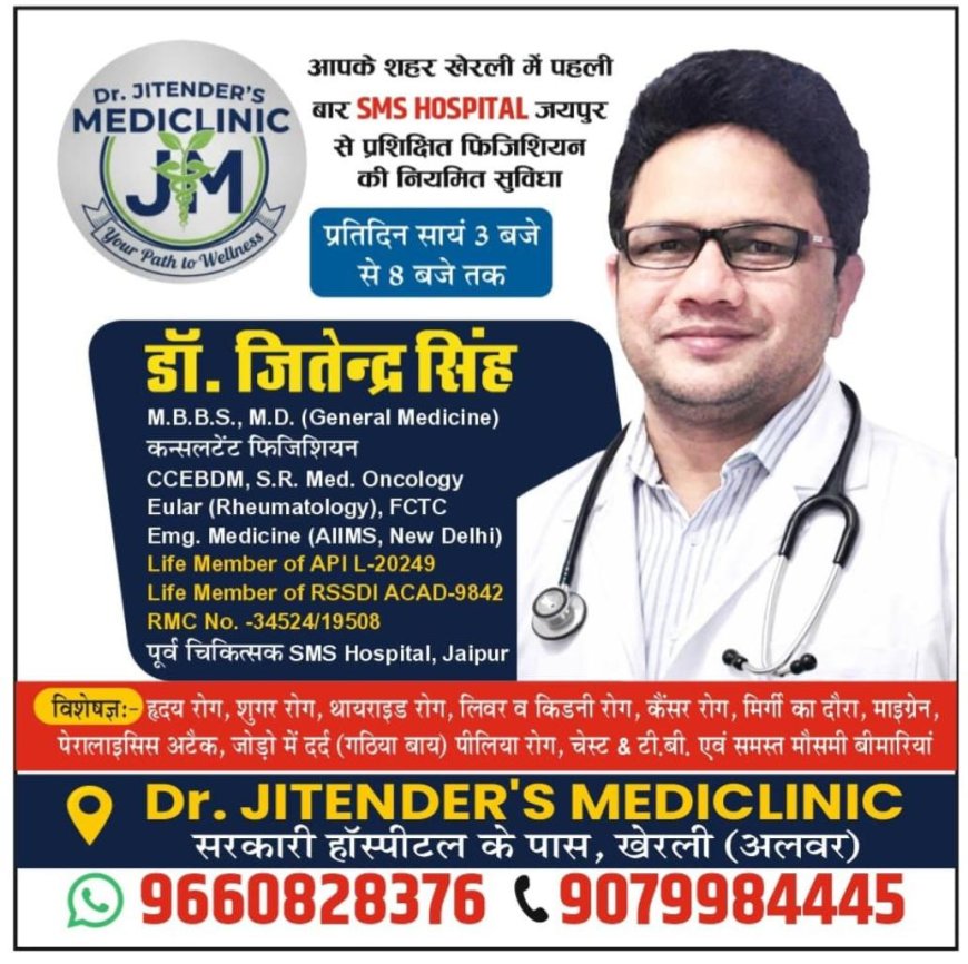 खेरली में शुरू हुई आधुनिक चिकित्सा सुविधा, डॉ. जितेन्द्र सिंह देंगे नियमित सेवाएं;  रोजाना शाम 3 बजे से 8 बजे तक मरीजों को परामर्श देंगे।