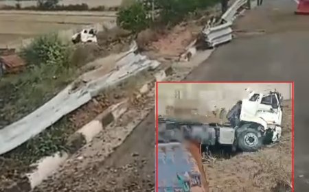 राजगढ़ थाना क्षेत्र मे दिल्ली-मुंबई एक्सप्रेस-वे पर केमिकल टैंकर पलटा; चालक की दर्दनाक मौत