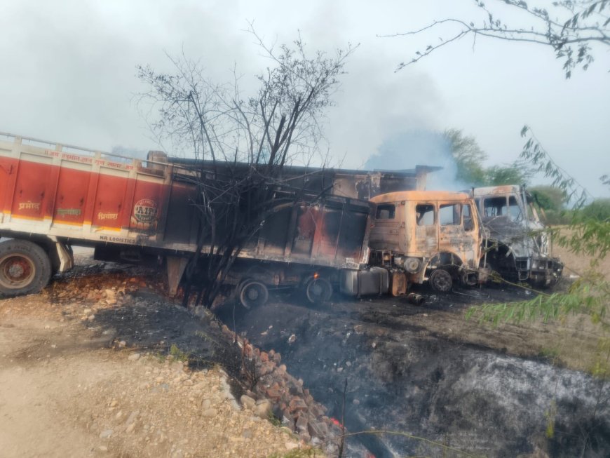 आवारा पशु को बचाने में डंपर-ट्रेलर की भिड़ंत, दोनों वाहनों में लगी आग