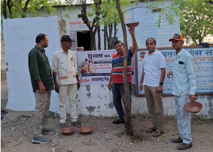 भीषण गर्मी में बेजुबान पक्षियों के लिए मसीहा बनी गैस एजेंसी: उप तहसीलदार की मौजूदगी में लगाए परिंडे, नियमित दाना-पानी का लिया संकल्प