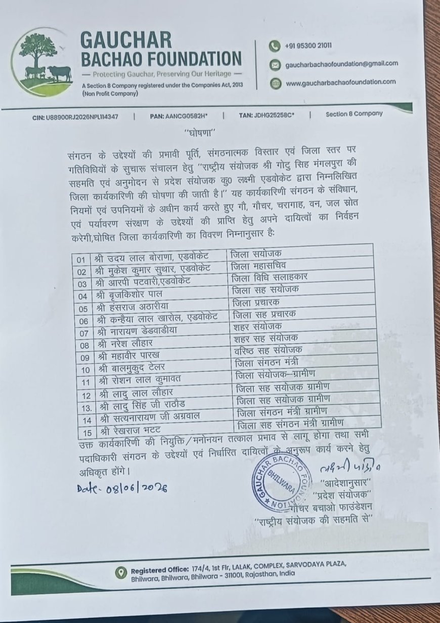 गौचर बचाओ फाउंडेशन की भीलवाड़ा जिला कार्यकारिणी घोषित: उदय लाल बोराना जिला संयोजक और मुकेश सुथार बने जिला महासचिव