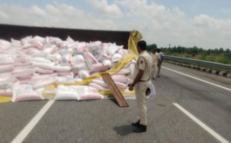 दिल्ली-मुंबई एक्सप्रेसवे पर पलटा चीनी से भरा ट्रक, ड्राइवर को नींद आने से हुआ हादसा