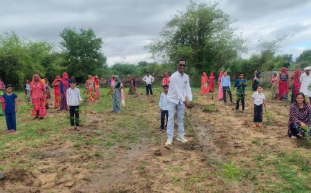 सरपंच व प्रधानाध्यापक रेखा भींचर की अगुवाई में ग्रामीणों और विद्यार्थियों ने किया श्रमदान; राजकीय प्राथमिक विद्यालय प्रतापगढ़ में रोपे 1100 पौधे
