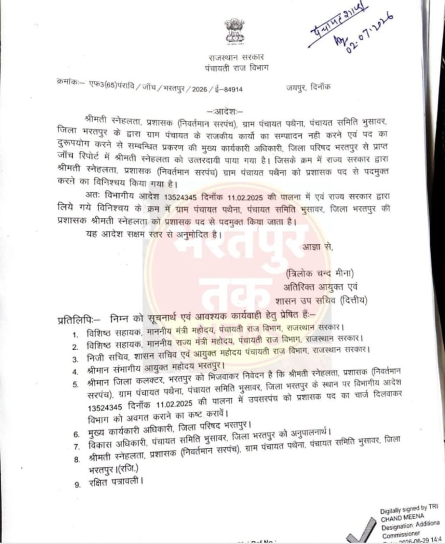 बड़ी कार्रवाई: पथैना ग्राम पंचायत की प्रशासक स्नेहलता पदमुक्त, पद के दुरुपयोग और लापरवाही के मामले में राज्य सरकार का एक्शन