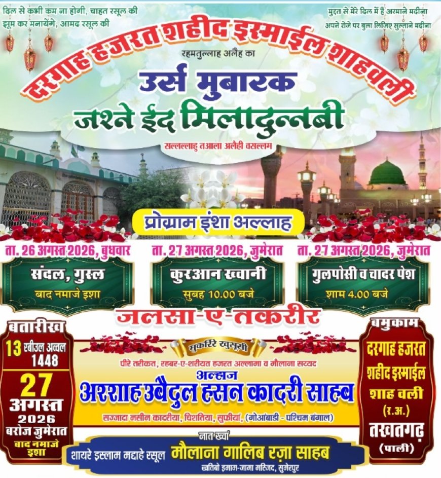 तखतगढ़ में उर्स व जश्ने ईद मिलादुन्नबी पर सजेगी रूहानी महफिल: होगी विशाल तकरीर
