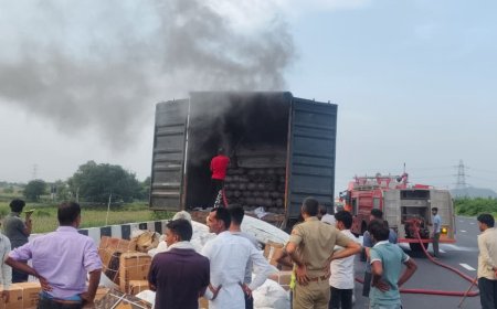दिल्ली-मुंबई एक्सप्रेसवे पर चलते कंटेनर में लगी भीषण आग, चालक ने कूदकर बचाई जान; 2 घंटे की कड़ी मशक्कत के बाद दमकल ने पाया काबू