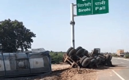 वर-पिंडवाड़ा फोरलेन पर सांड से टकराकर केमिकल टैंकर पलटा, चालक व साथी गंभीर घायल