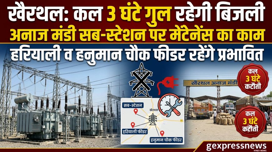 खैरथल में कल 3 घंटे गुल रहेगी बिजली: अनाज मंडी सब-स्टेशन से जुड़े हरियाली और हनुमान चौक फीडरों पर मेंटेनेंस का काम