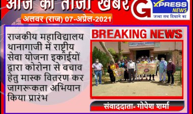 राजकीय महाविद्यालय थानागाजी में राष्ट्रीय सेवा योजना इकाईयों द्वारा कोरोना से बचाव हेतु मास्क वितरण कर  जागरूकता अभियान किया प्रारंभ