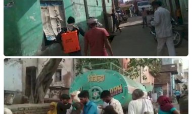 नगर कस्बे के वार्ड नंबर 12 के पार्षद द्वारा वार्डवासियों के लिए पानी के टैंकर की व्यवस्था व सैनिटाइजर का कराया छिड़काव